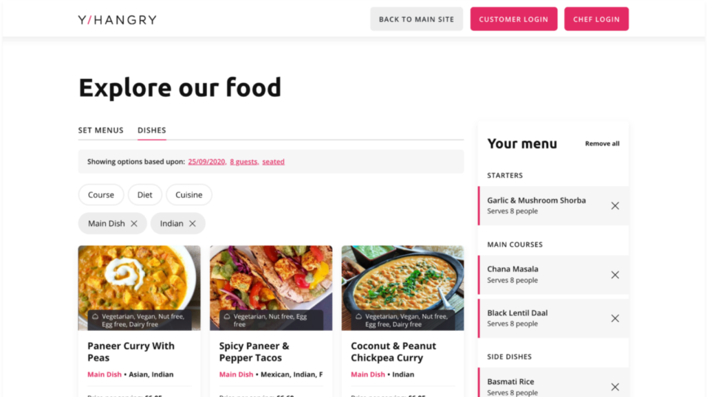 E-commerce user interface, for personalised dining experience, on desktop