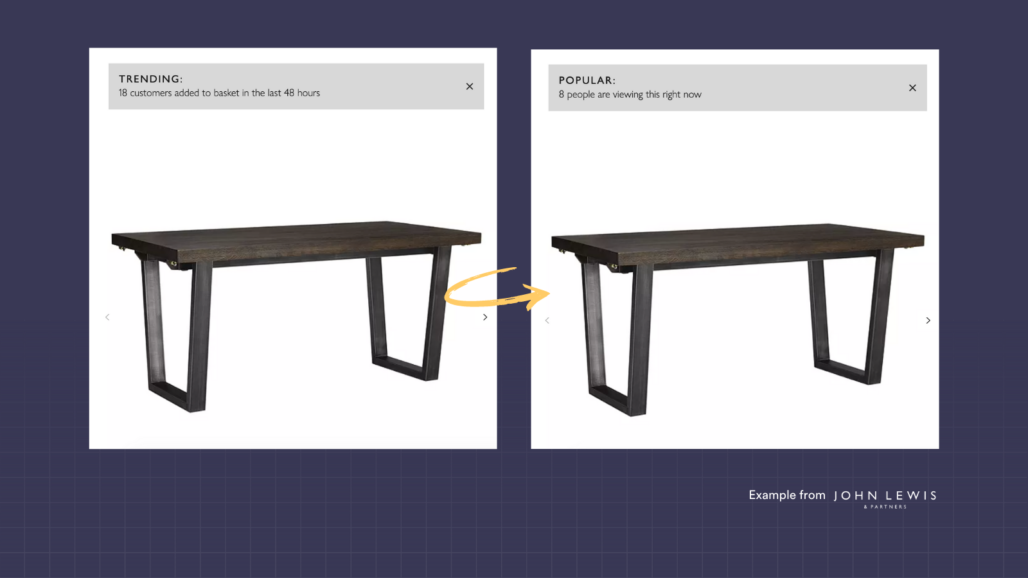 An image of a table, showing banners prompting the customer to buy the product before it sells out