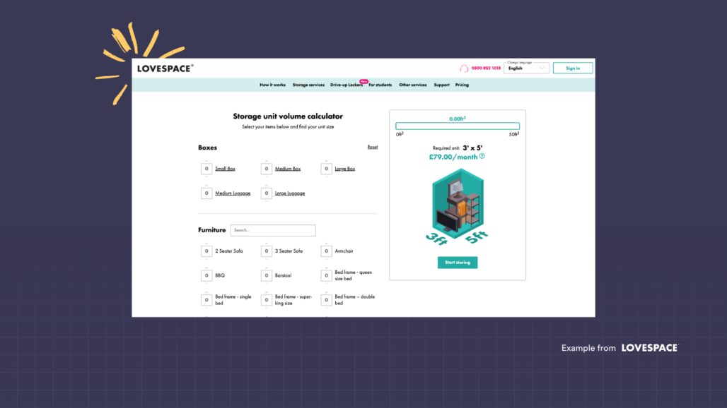 Responsive UI design of a website on desktop, showing great user experience while booking storage unit