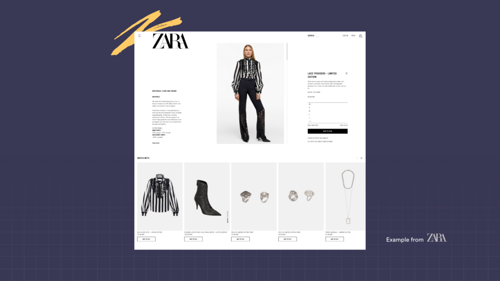 UI design from the product page of a well know high street brand demonstrating examples of upselling and excellent user experience