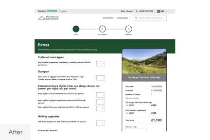 An after image of The Natural Adventure online booking form following a re-design by agency Unfold